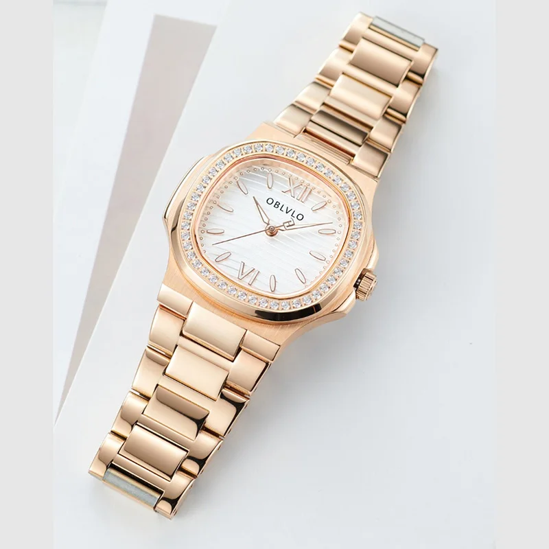 Women's diamond inlaid watch stainless steel 50m waterproof sapphire glass mirror 32mm dial retro British style polygonal watch