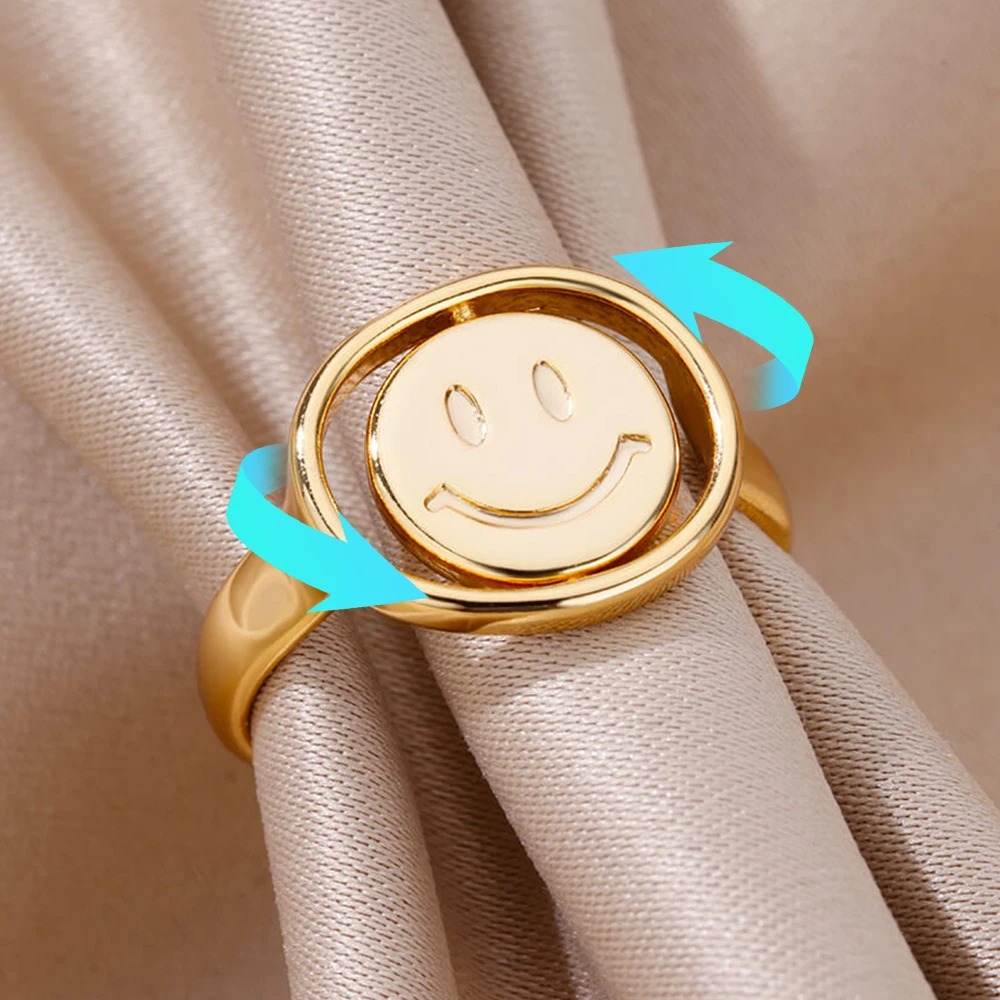 Smile Face Fidget Spinner Rings for Women Gold Color Stainless Steel Anti Stress Anxiety Mood Ring Jewelry Valentines Day Gift