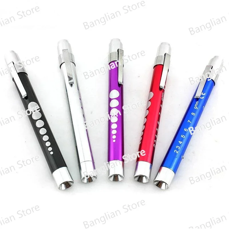 50Pcs Graduated Aluminum Pen Pupil Lamp Pen Flashlight Medical Flashlight Yellow White Light Round Head Flat Head