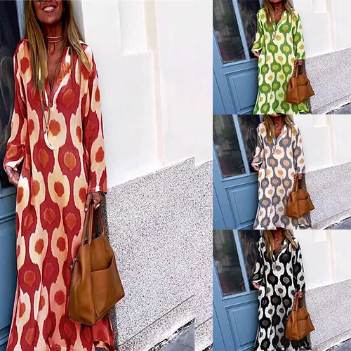 

Fashion Unique Printed V-neck Long Dress 2025 Cross-border European American Autumn and Winter New Products