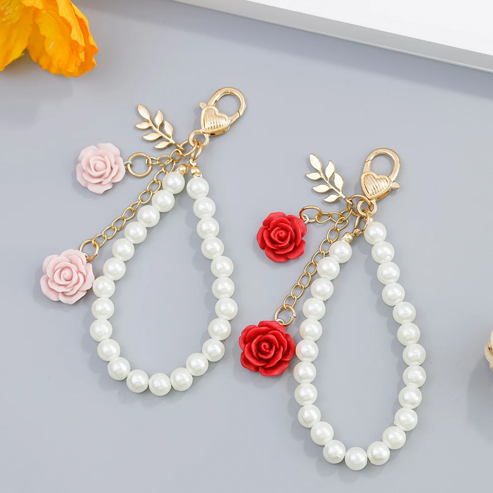 Fashion Rose Tassel Keychains Elegant Imitation Pearl Wristband Keyrings Women Handbag Phone Ornaments Accessories Jewelry Gifts