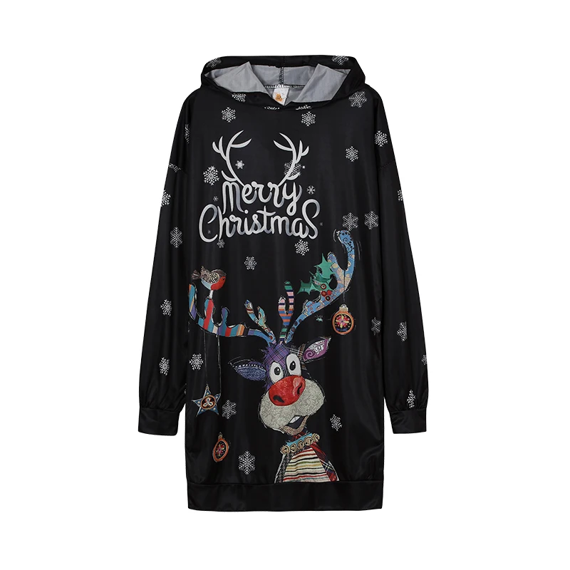 Autumn New European and American Clothing Long-sleeved Sweatshirt Dress Christmas Elk Print Hooded Skirt