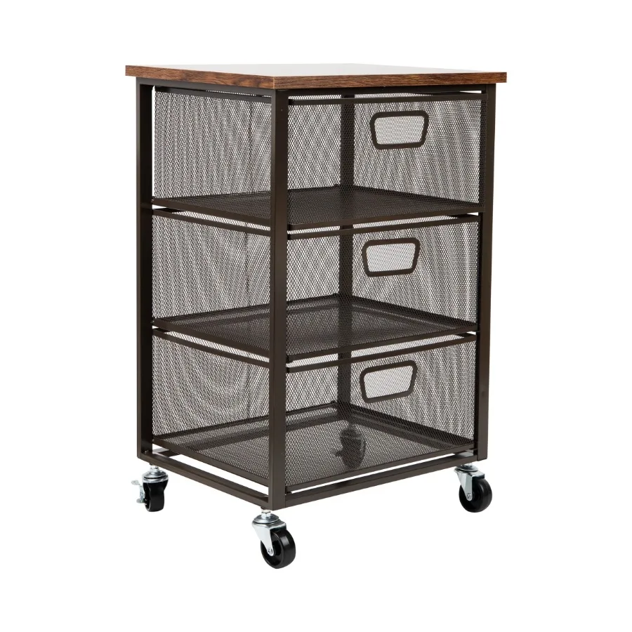 

3-Drawer Rolling Storage Cart Office Organizer with Wood Top Multipurpose Portable Cabinet with Wheels Metal Black