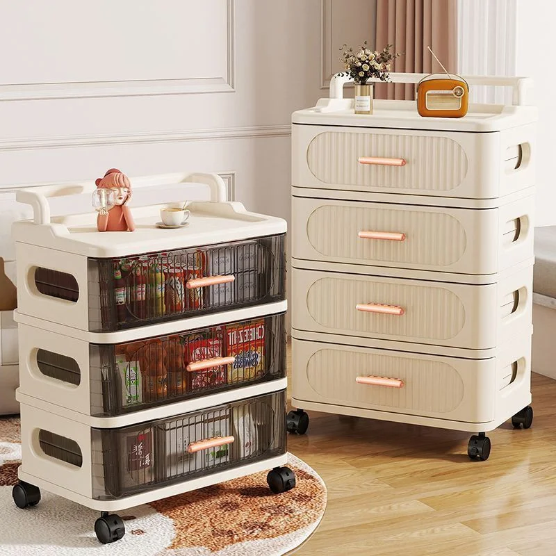 Drawer-style storage cabinet - A household portable storage unit for storing snacks and miscellaneous items in multiple layers.