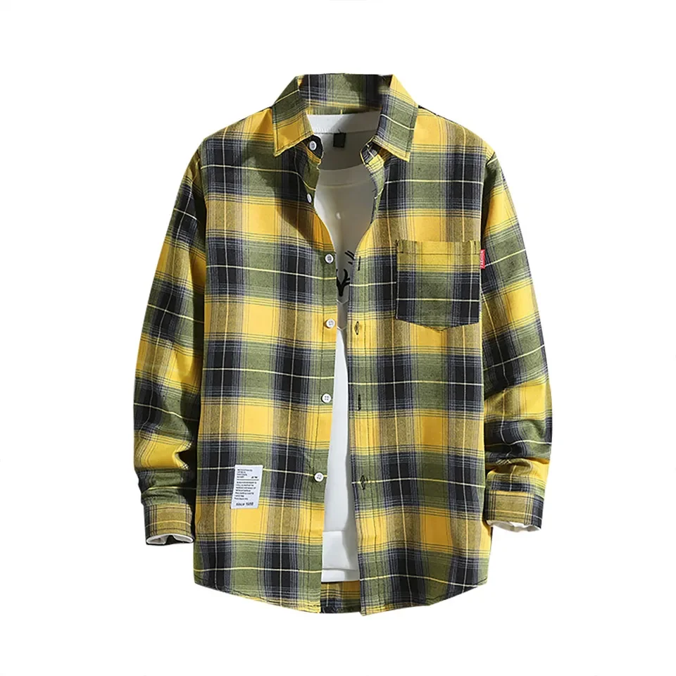 Plus Size M-4XL Men's Plaid Shirts Harajuku Single Breasted Lapel Shirt Spring Autumn Casual Long-Sleeved Male Top Streetwear