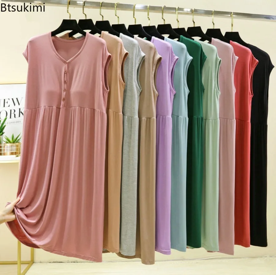 

New 2025 Women's Summer Elastic Cotton Sleeveless Loose Casual Nightgown V-Neck Short Sleeve One Size Comfortable Homewear Dress