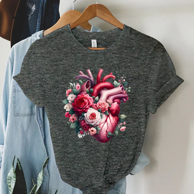 Watercolor Heart Floral T-shirt Women Funny Anatomical Graphic Tee Shirt Top Aesthetic Vintage Women Cardiology Nursing Tshirts