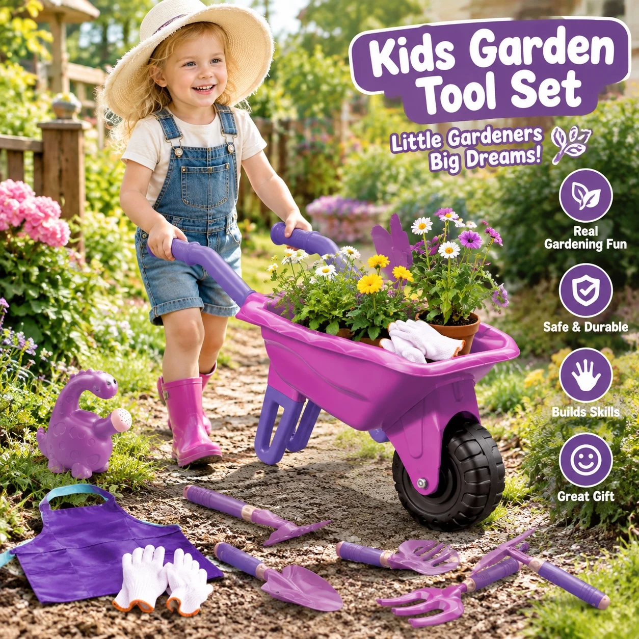 Gardening Tool Set Toys for Kids Children's Outdoor Garden Beach Cart Apron Glove Plant Flowers Tools Gifts for Boys and Girls