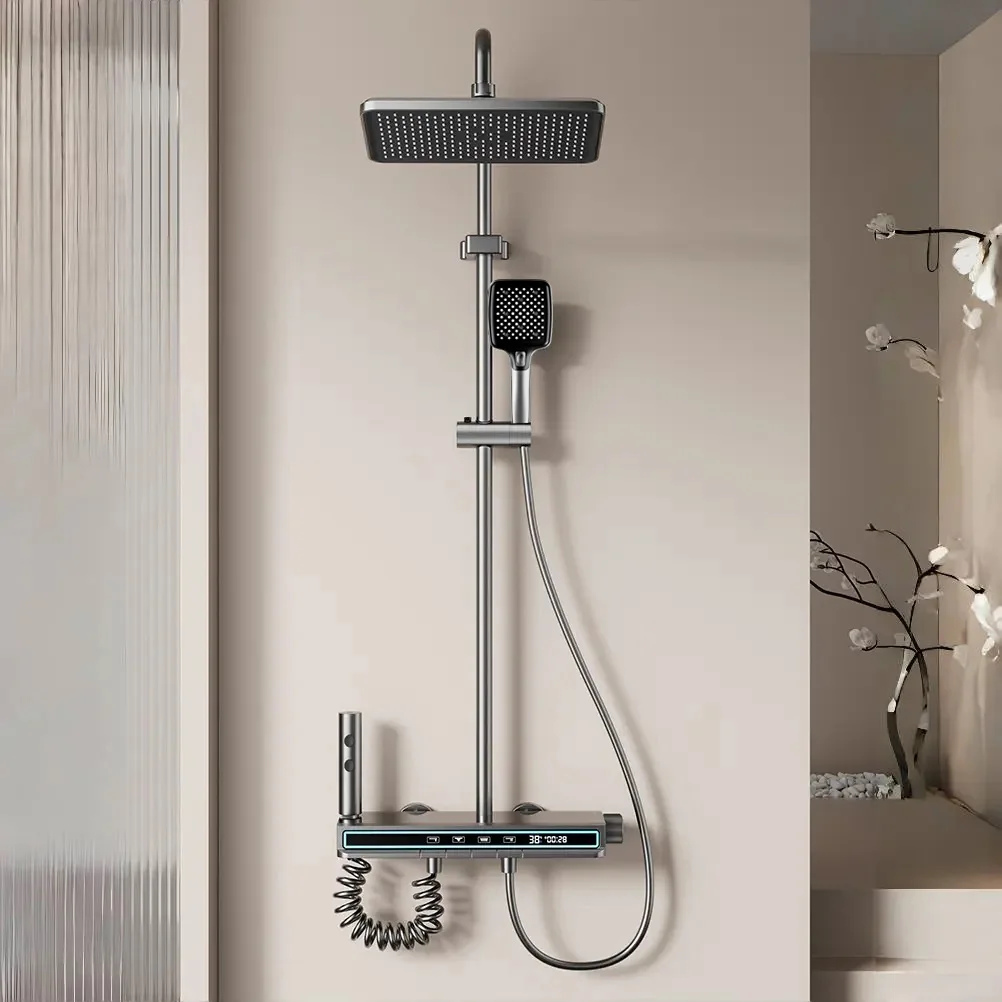 타이머, 핸드헬드 및 다중 모드 기능을 갖춘 세련된 디지털 온도 조절식 레인폴 샤워기 – 스마트 고압 욕실 키트
