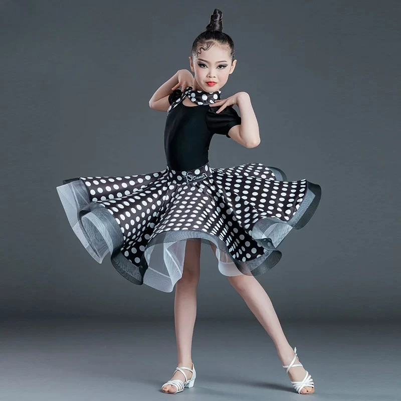 

Girls Latin Dance Dress Dancewear Kids Salsa Tango Practice Competition Costume Children Retro Polka Dot Latin Dance Dress