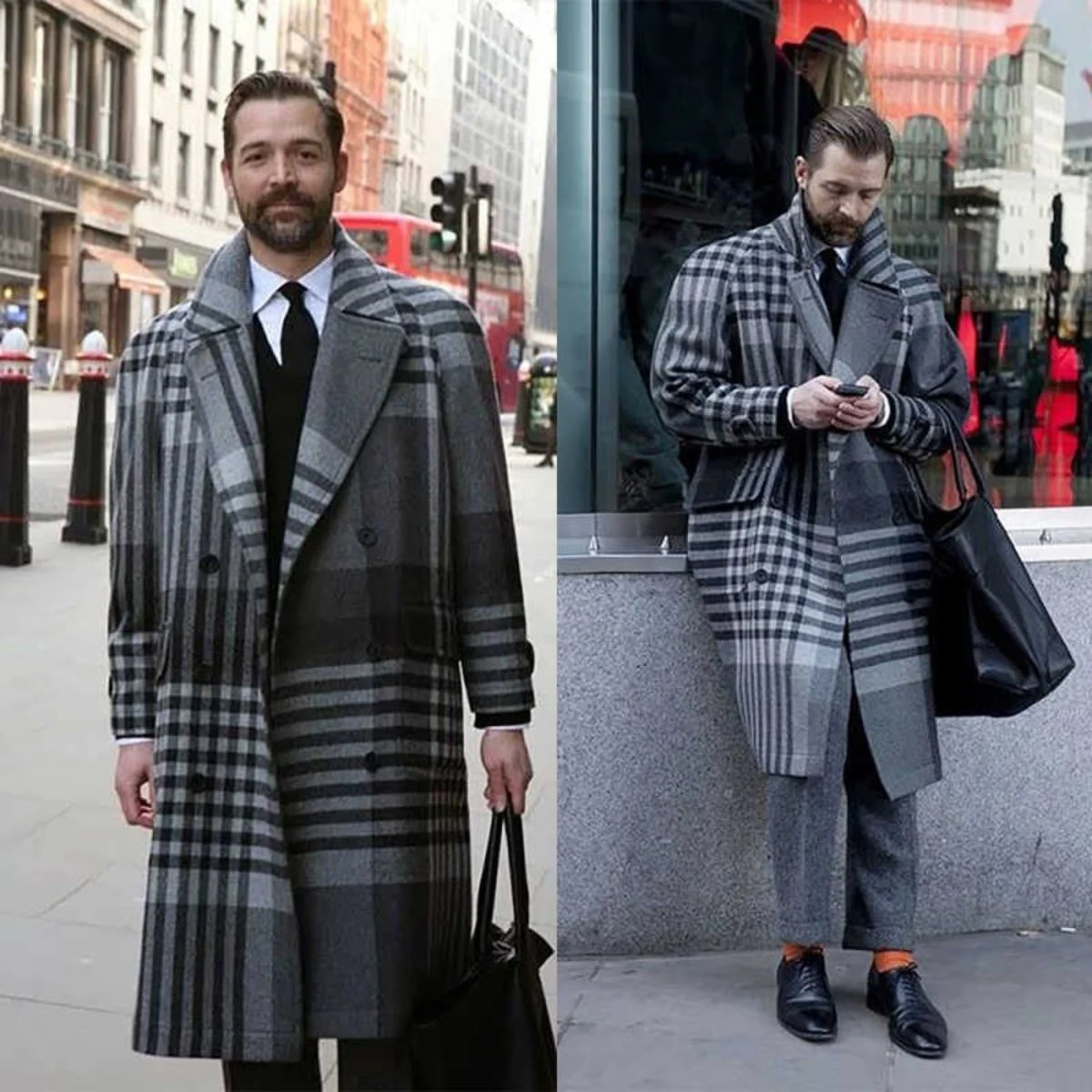 

Classic Plaid 1 Piece Men Coat Double Breasted Warm Autumn Winter Long Overcoat Casual Outerwear Commute Customized