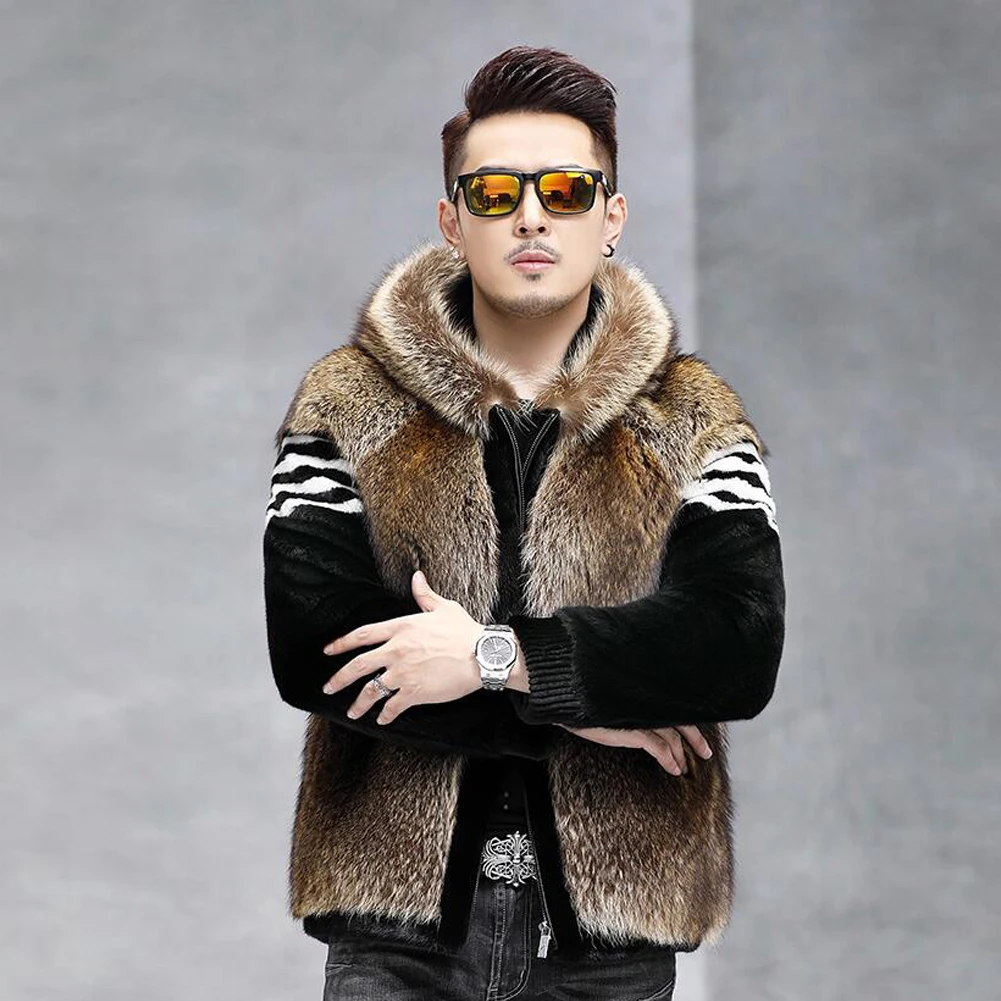 Denny&Dora Men's Brown Raccoon Fur Jacket Short Hooded Mink Fur Coat Warm Casual Outerwear for Men