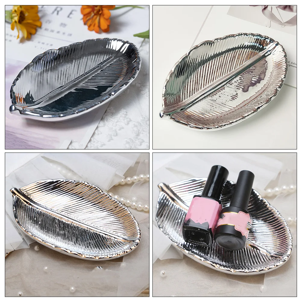 Leaf Shape Trinket Dish Ceramic Jewelry Holder Decorative Jewelry Storage Tray Ring Earring Holder for Home Desktop