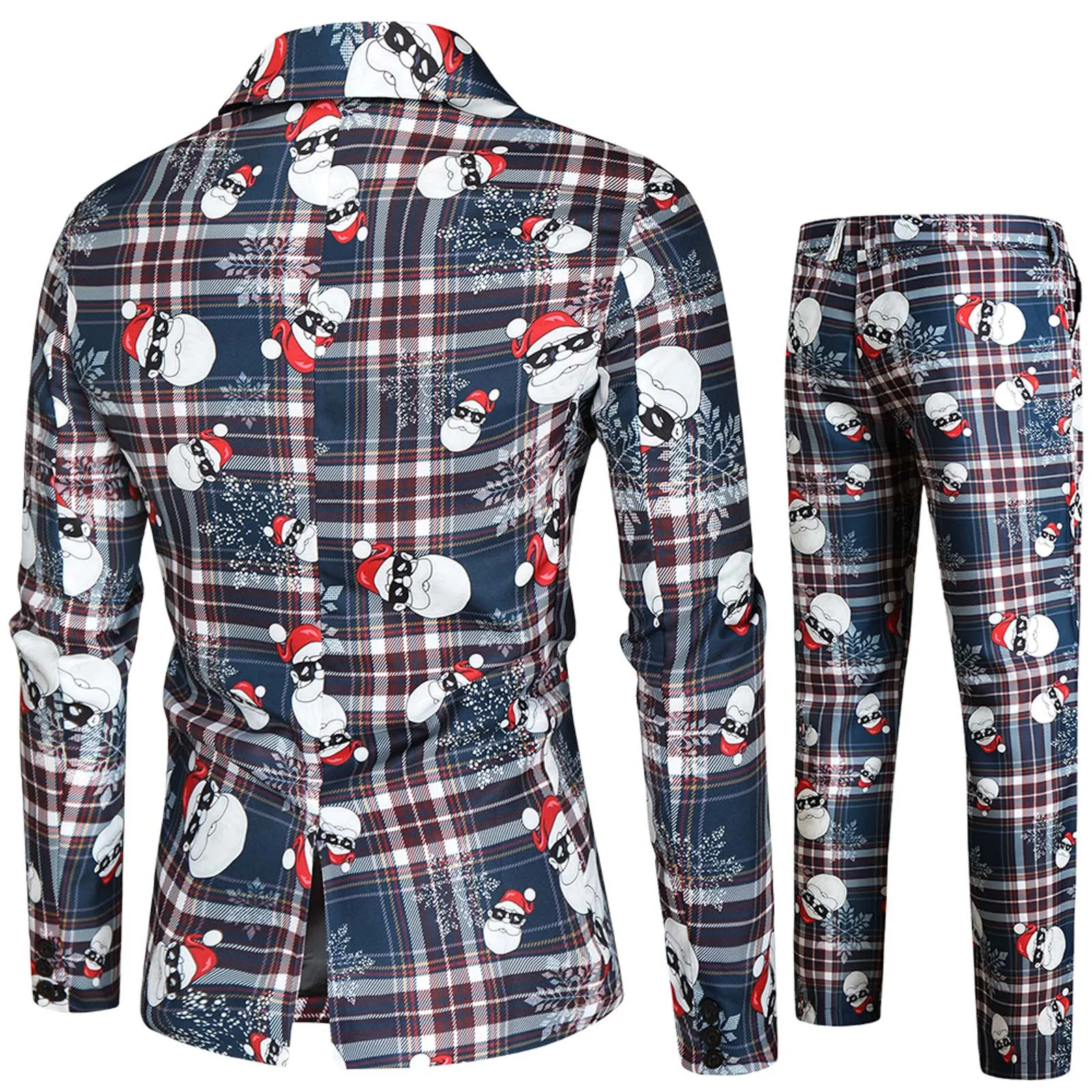 Christmas Cartoon Santa Snowflake Print 2 Pcs/Set Jacket Pants Suit Men New Year Party Stylish Blazer Coat with Trousers