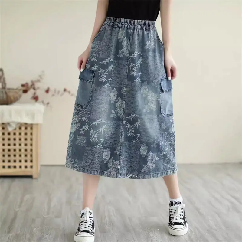 

Vintage Artistic Print Patchwork Skirt Midi High Waist Spring Autumn A-Line Denim Skirts Womens 2024 Big Size Saia Jeans K2094