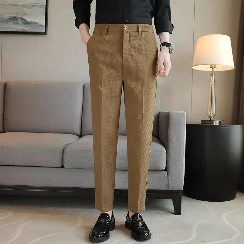 

Smart Casual Men Solid Color Suit Pants Spring Summer Thin Streetwear Fashion Waffle Business New Coffee Khaki Straight Trousers