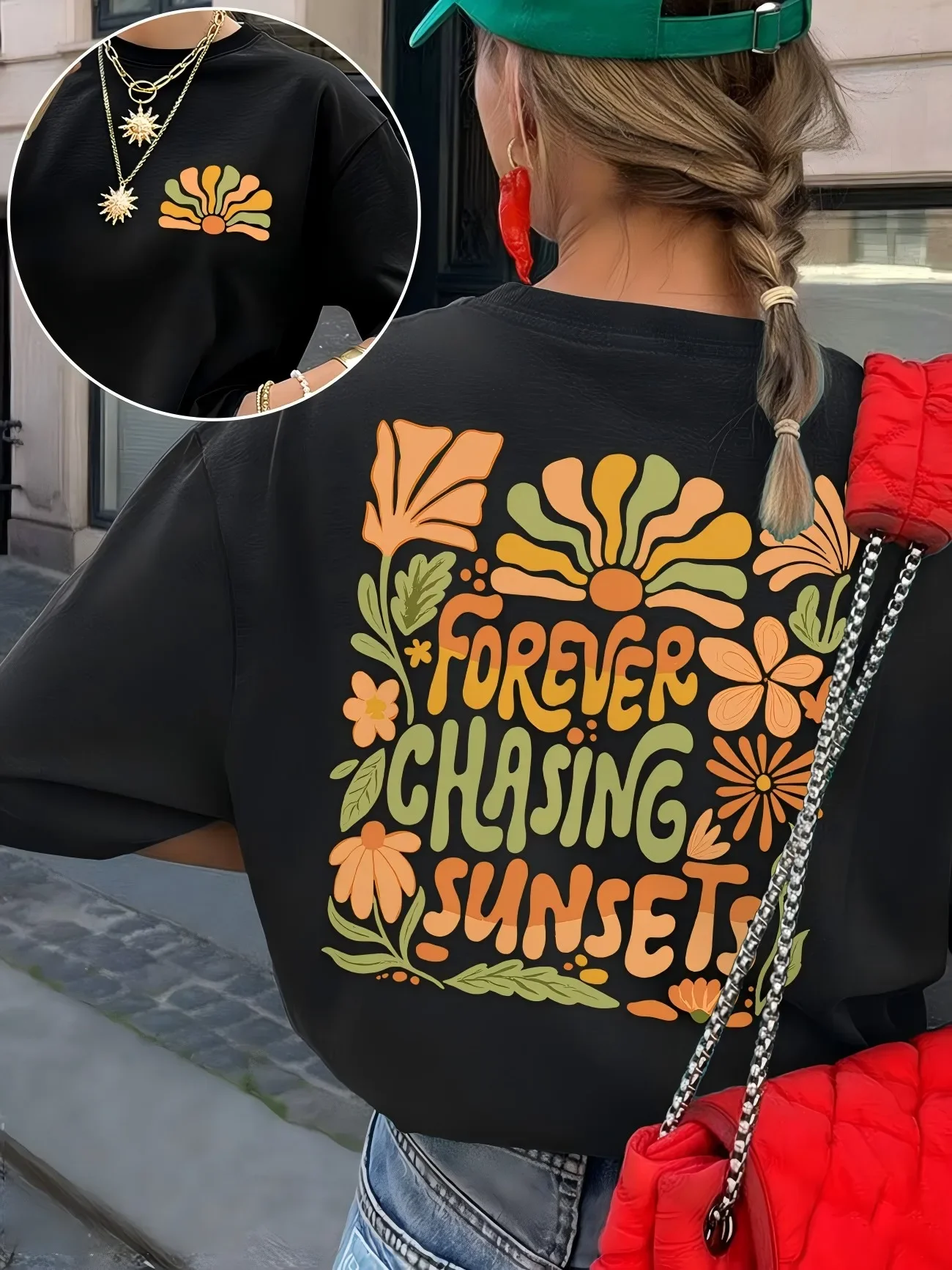 Vintage Sun Floral Graphic Tee | Forever Chasing Sunsets Women's T-Shirt | Boho Summer Short Sleeve Top | Casual Aesthetic  Tee