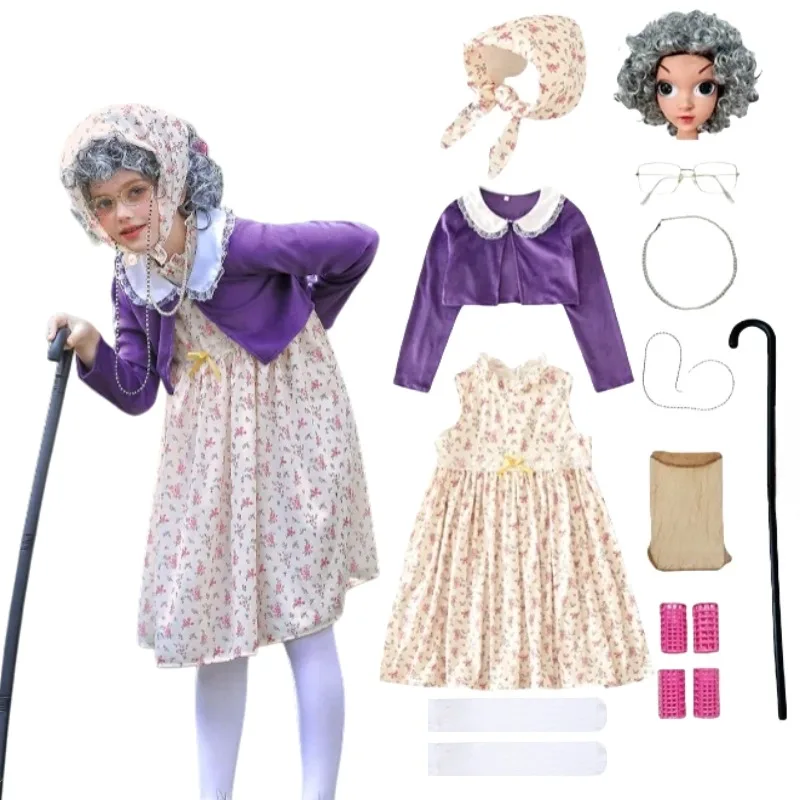 

Celebrating 100th School Days Old Lady Funny Cosplay Costume Granny Dress Accessories for Girls Performance Roleplay Outfit