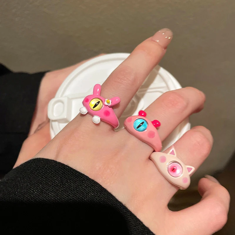 Punk Eyes Ring Cute Green Monster Ring For Women Fashion Sweet Two Color Cat Eyes Open Couple Ring Party Finger Accessories