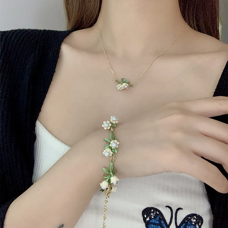 White Lily of The Valley Bracelet Earrings Necklace Super Fairy Stud Earrings Girls Clavicle Chain Flower Bracelet Jewelry Gifts