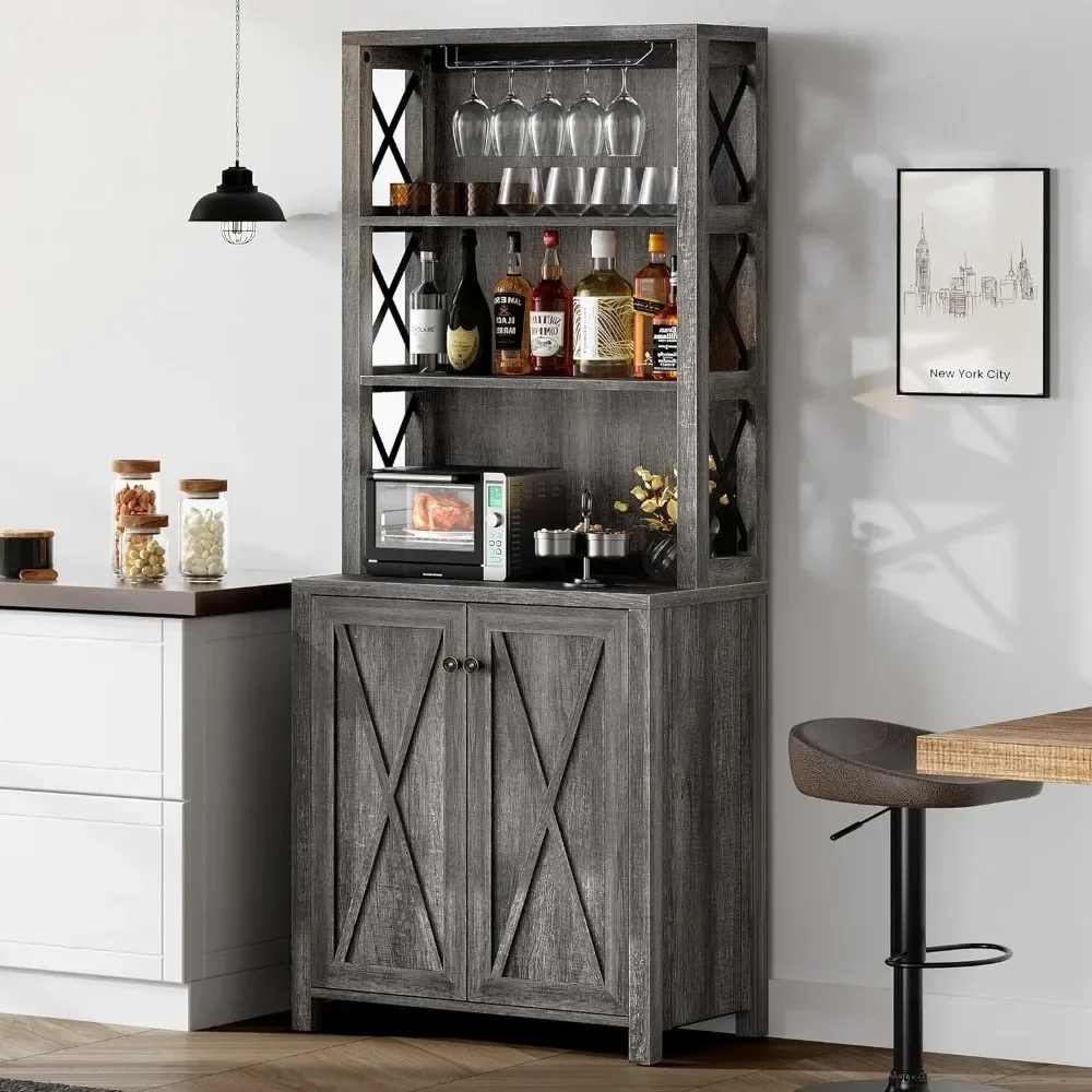 Armoire de bar avec portes en bois, armoires de bar hautes de 67 po, étagères de rangement ouvertes, armoire de café de ferme avec rangement