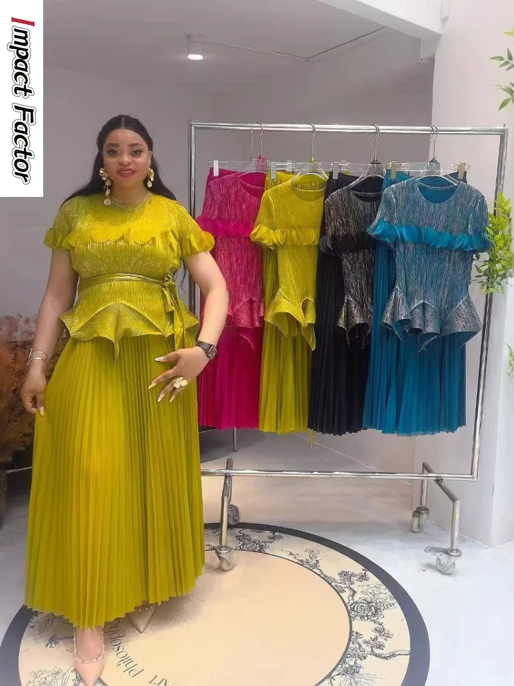 

2025 Summer New Miyake Pleated Suit Solid Color Top + Long Skirt Two-piece Set Loose Women's Clothing