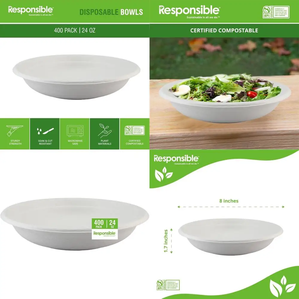 Tazones de papel ecológicos de 24 oz para sopa caliente, paquete de 400, resistentes, tamaño para postre, hechos con fibras de caña de azúcar y bambú