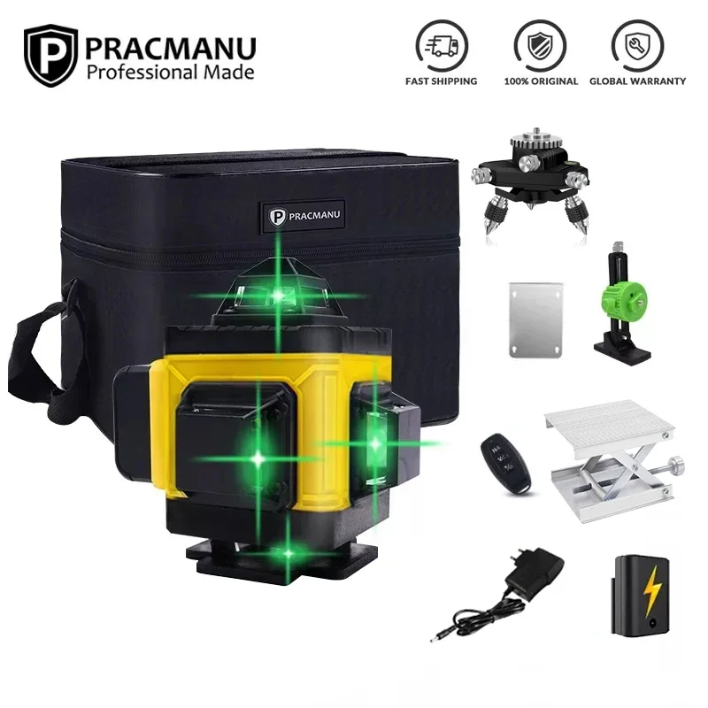 Pracmanu 16 Lines 4D Laser Level Horizontal and Vertical Cross Green Line 360° Self-Leveling Laser Level with Remote Control