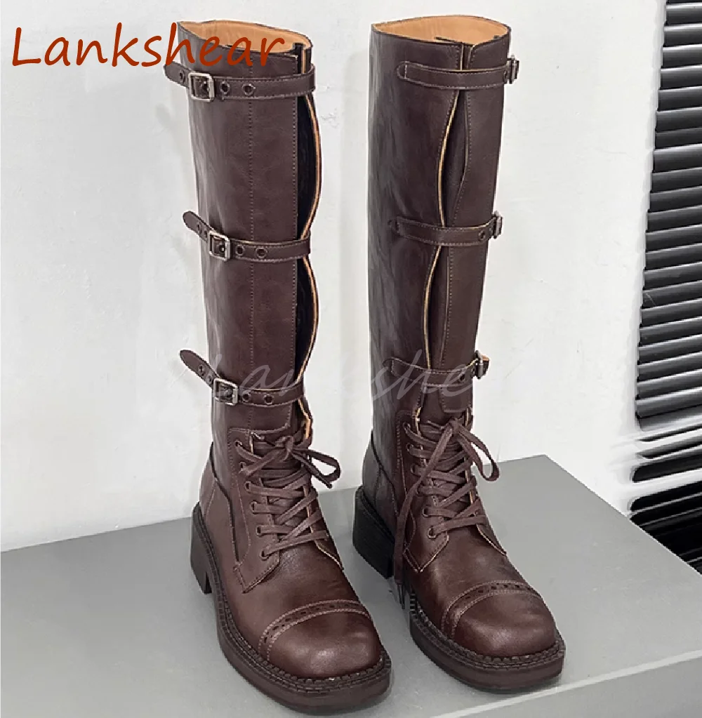 Belt Buckle Round Toe Women Boots Niche Design Fashion Autumn Flat Sole Knee High Runway Show Solid Women Shoes New Arrivals