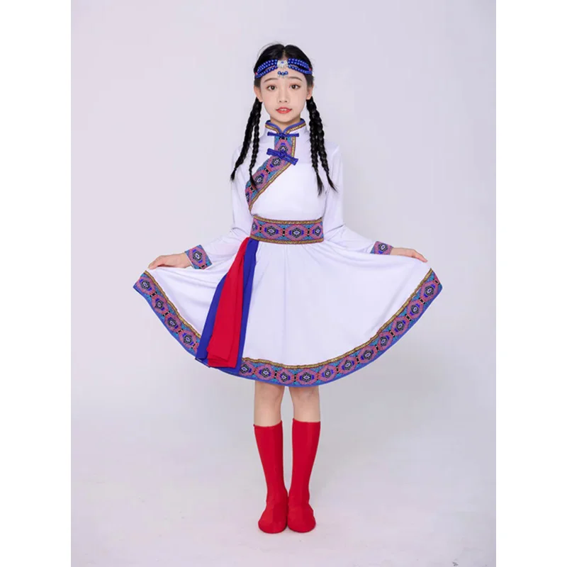 New children Mongolian costume chopsticks white horse dance performance costume top bowl dance national dance dress girl