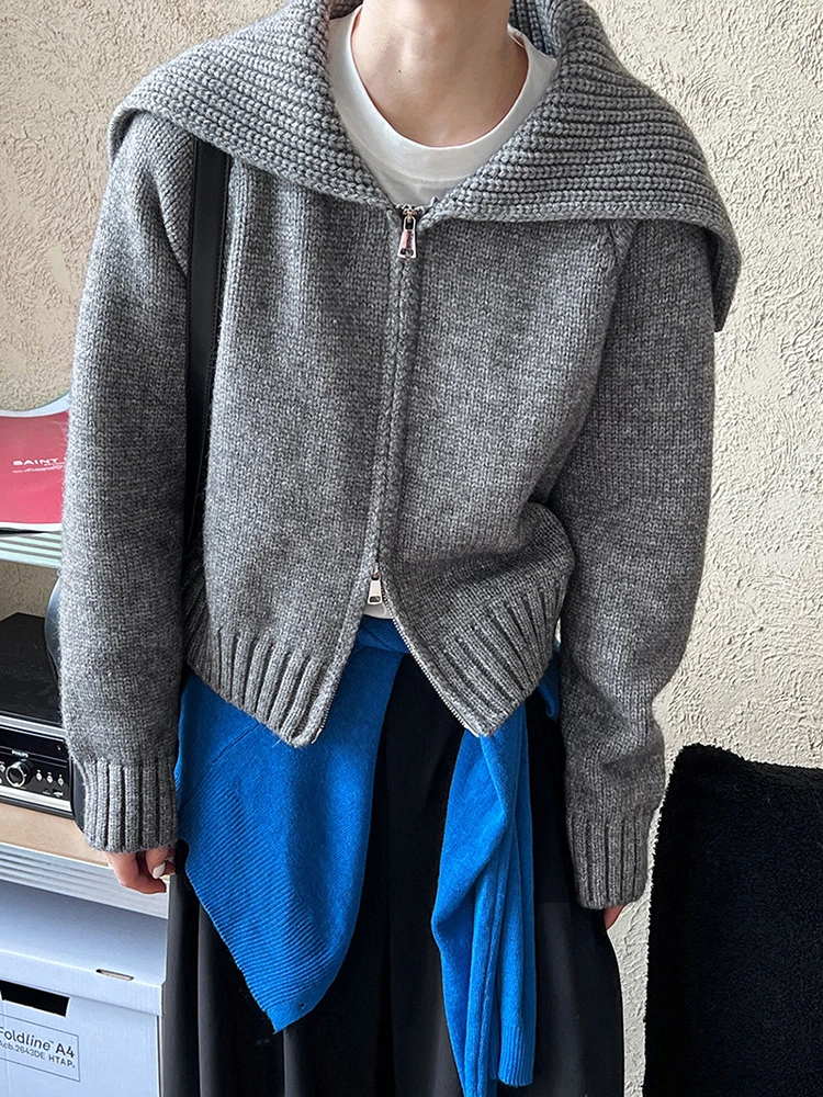 [EAM] Gray Zipper Big Size Casual Knitting Cardigan Sweater Lapel Long Sleeve Women New Fashion Tide Spring Autumn 2024 1DH7798