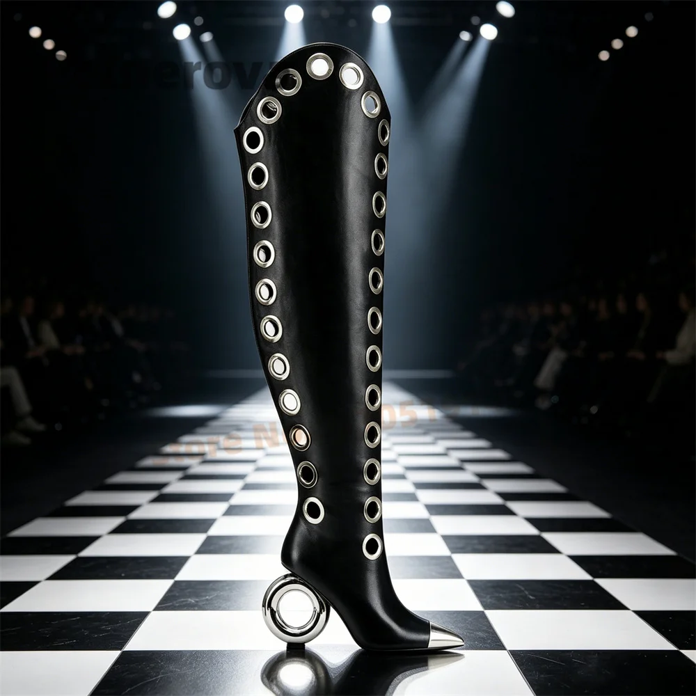 Women's Pointed Toe Boots with Metal Round Ring Multiple Colors Leather High Heels Zip Strange Style Over The Knee Long Boots
