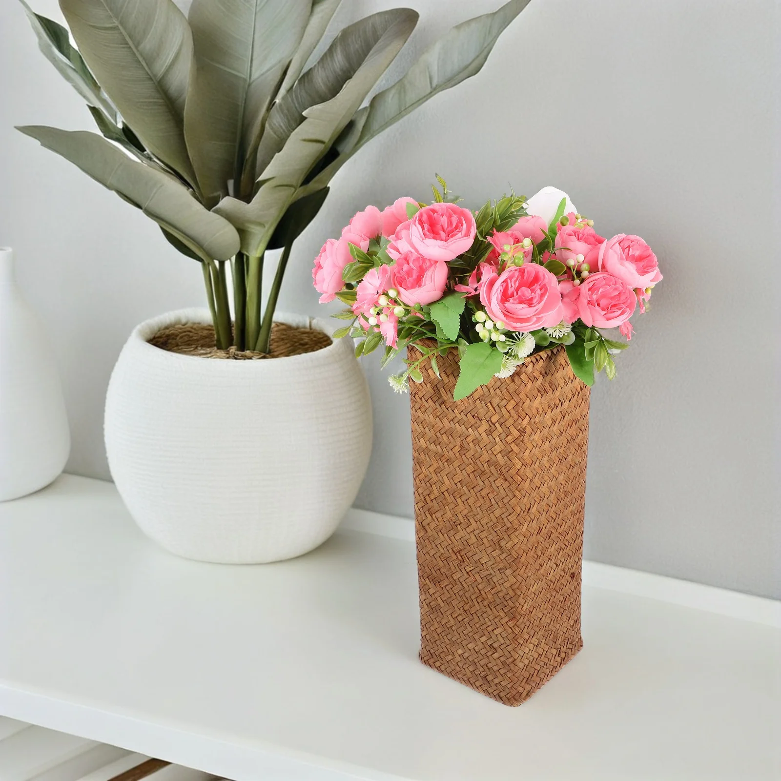 

Vintage Pen Holder Handwoven Seagrass Vase Rustic Farmhouse Decor Office Table Flower Container Dried Floral Arrangement Woven