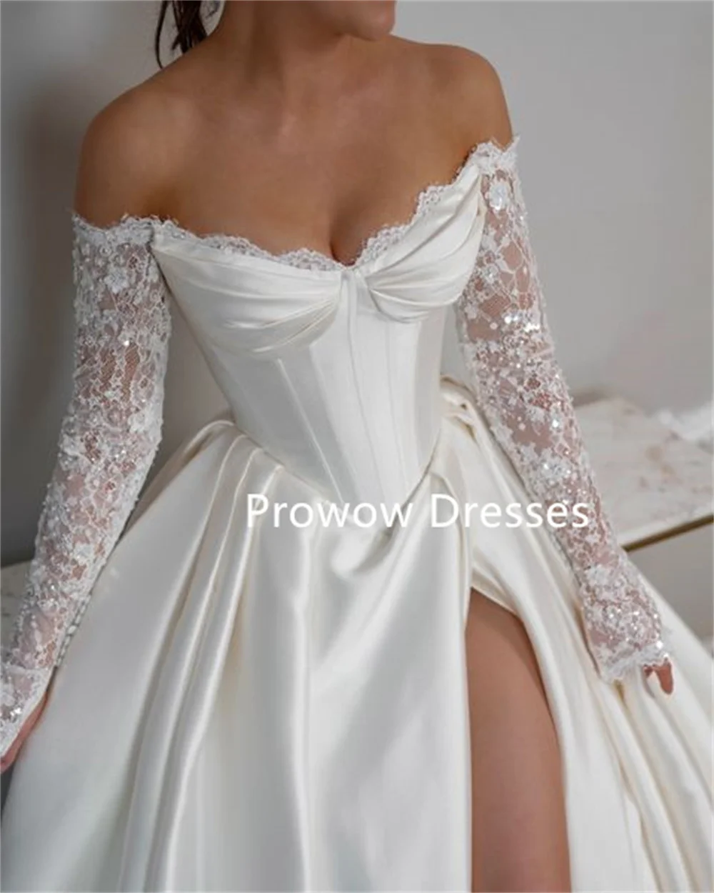 Prowow Luxury Ivory A Line Wedding Dresses High Slit Silk Satin Bridal Gown Floor Length Beads Sleeves Off Shoulder Customized