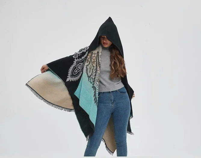 Poncho Cloak Travel Warm Split Cape New Ethnic Style Hooded Cape with Wind Flowing Su Imitation Cashmere Shawl Red blue