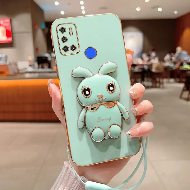 Phone Case For Infinix Tecno Spark 6 Spark 5 Air Luxury Plating Square Rabbit Holder With Landyard Phone Case Cover