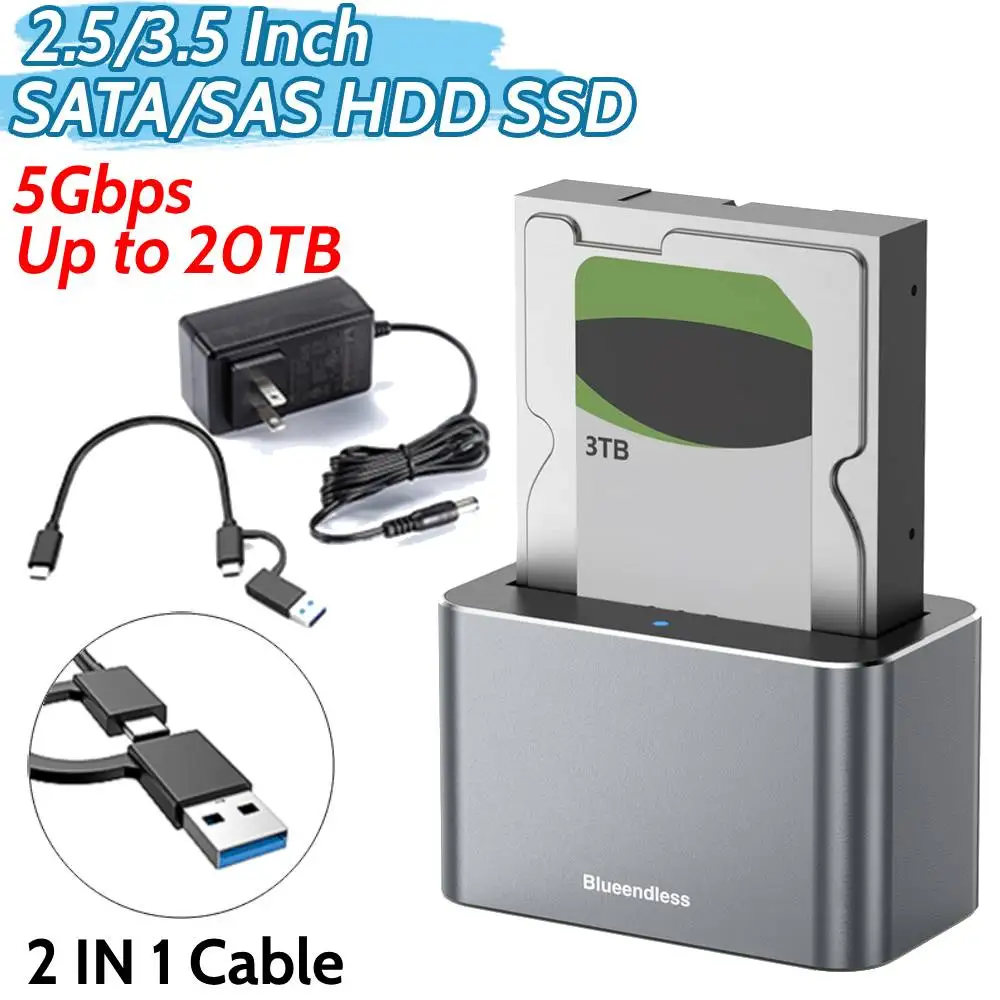 

Hard Drive Dock USB3.0 To SATA External Hard Drive Docking Station 5Gbps Support Up To 20TB for 2.5 & 3.5 Inch SATA/SAS HDD SSD