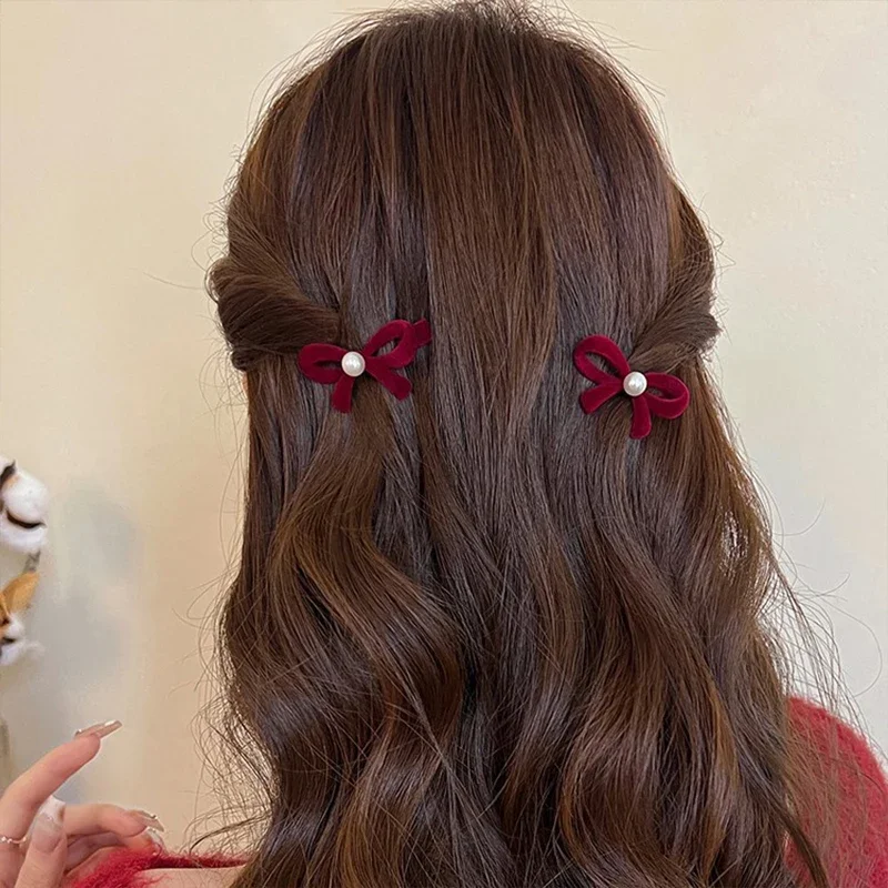 New Christmas Red Bow Hair Clip for Women Cute Small Pearl Side Clip Bowknot Hairpin Girls Party Headdress Hair Accessories