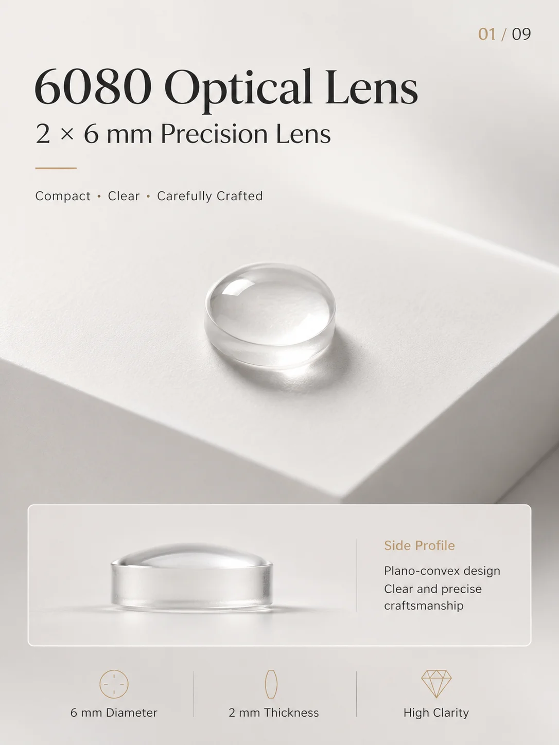 ZhonNa 6080 2x6mm Optical Glass Lens Focusing Component for Tools Instruments Equipment Parts Accessories Precision Replacements