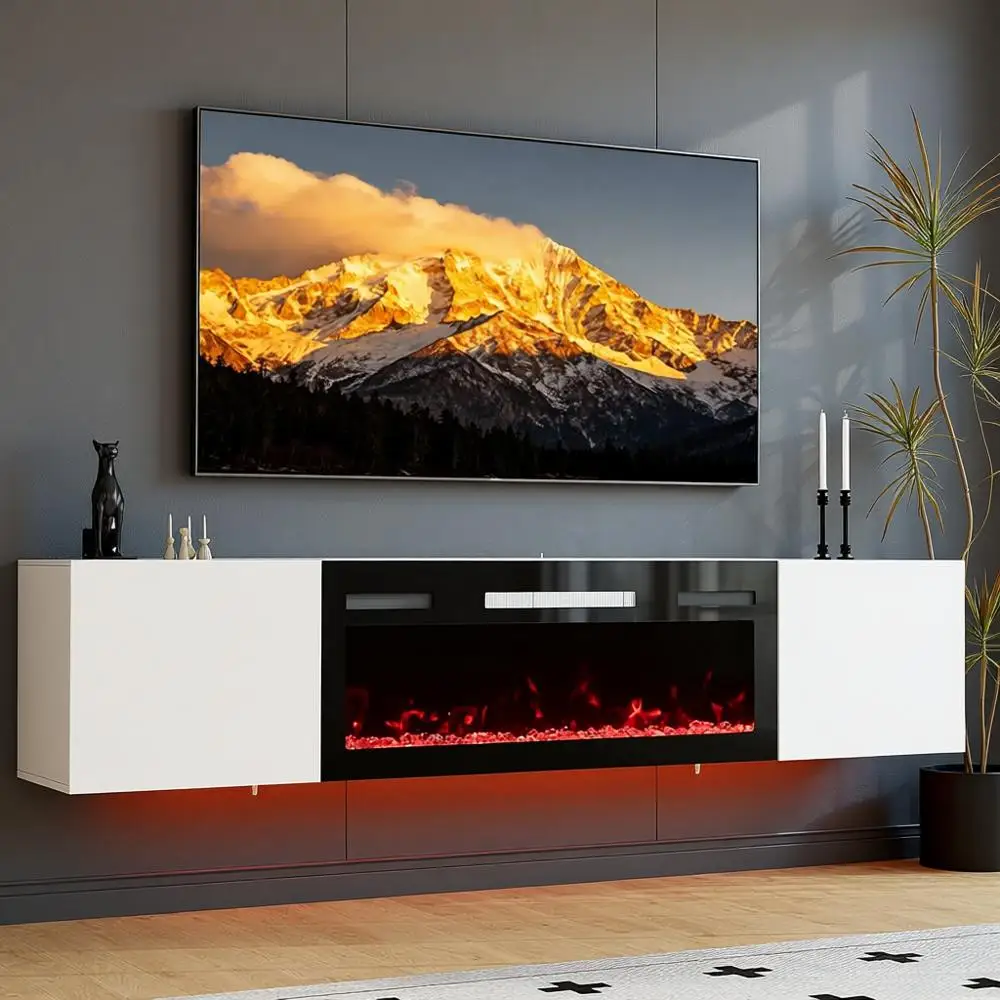 -For 70 TV Stand with 36 Electric Fireplace, Entertainment Center, LED Lights, Storage Shelves, Fits TVs up to 80, White*