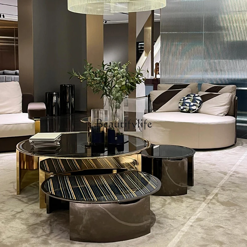 Italian light luxury high-end combination round glass coffee table modern simple stainless steel furniture
