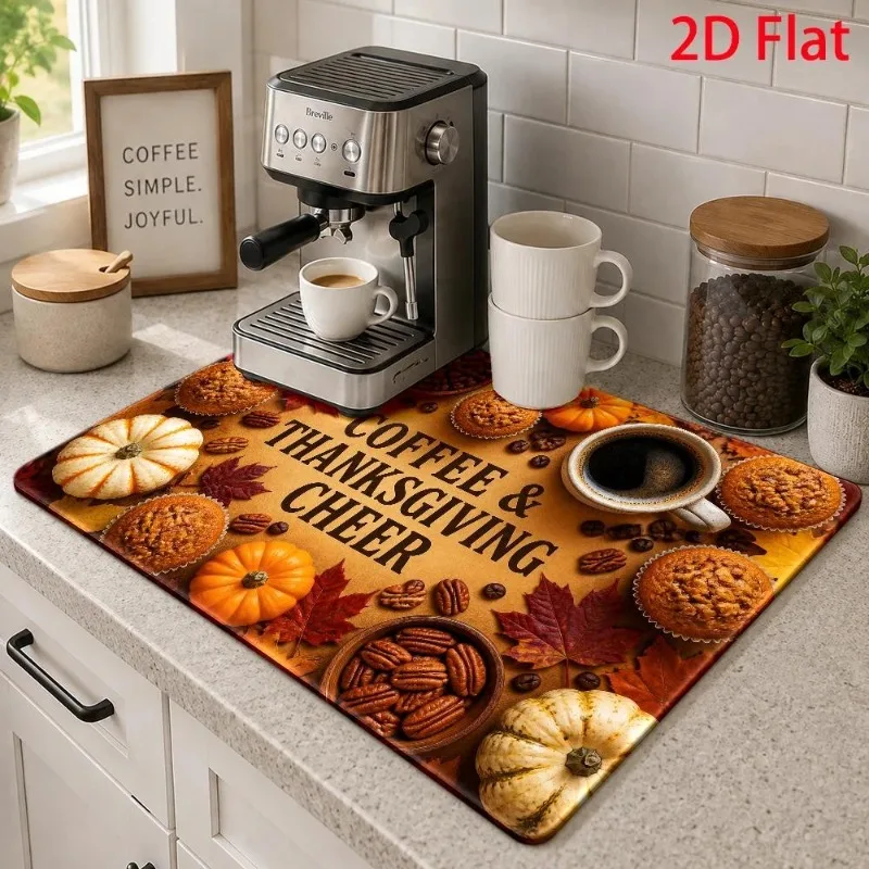 Coffee Maker Mat Thanksgiving Cheer Walnut Pecan Tableware Drainer Maple Leaf Rust Autumn Pad