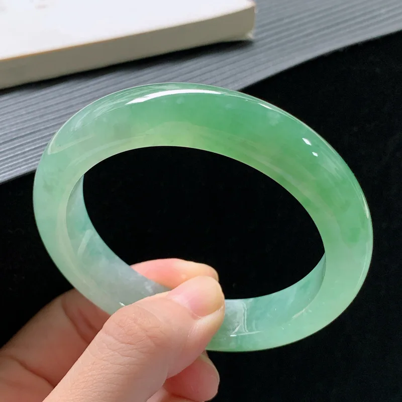 Jadeite bracelet, Burmese old mine ice waxy jade, regular round shape, with floating patterns, bright green and light green, rou view 4