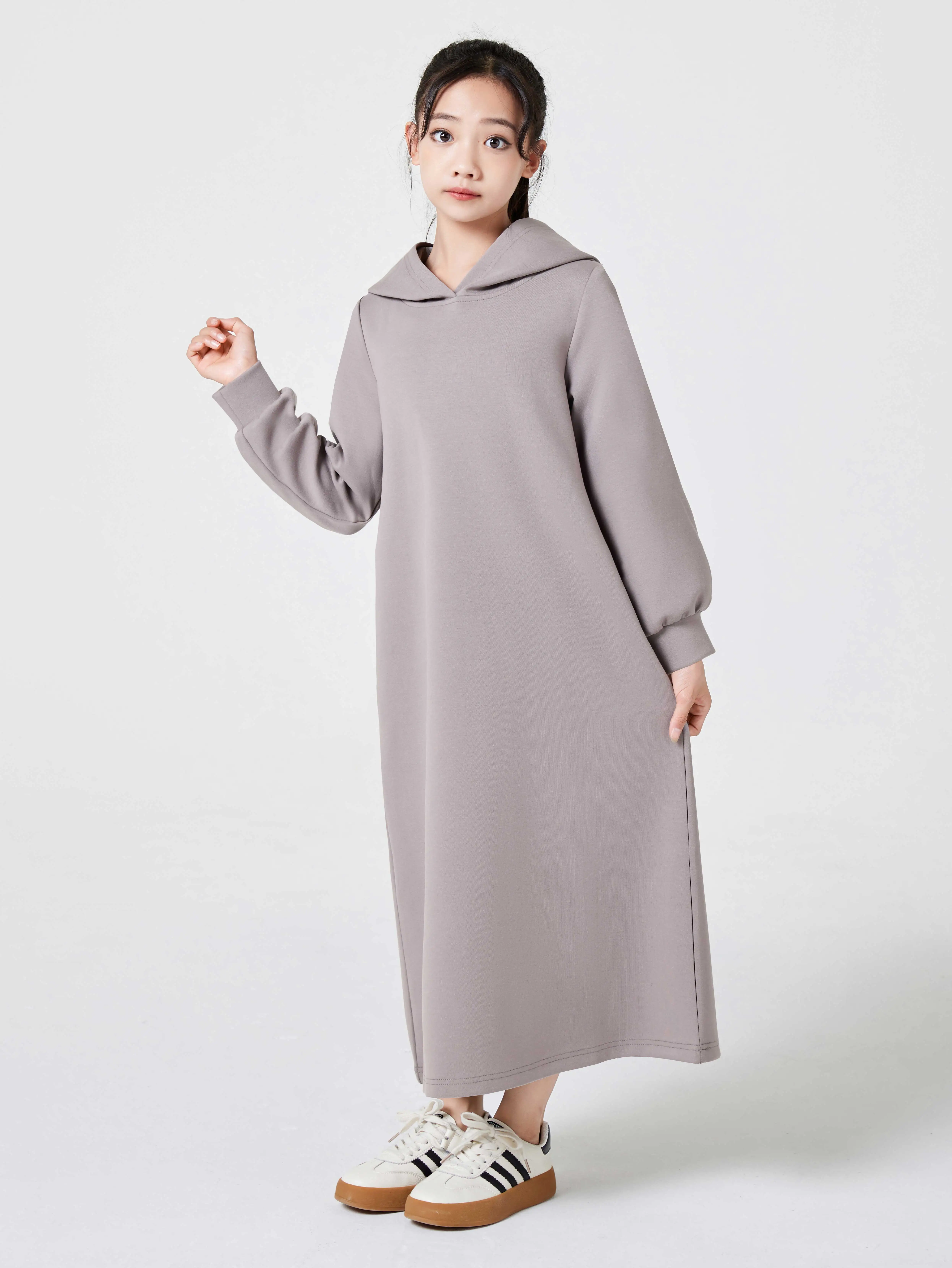 Vestido com capuz em V muçulmano para crianças, Ramadan Kaftan, Oriente Médio, monocromático, solto, quente, capuz feminino, outono, inverno