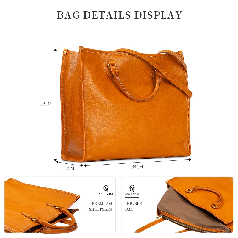 ANGENGRUI New Genuine Leather One Shoulder Handbag Commuter Large Bag Vegetable tanning Cowhide Large Capacity Handheld Tote Bag