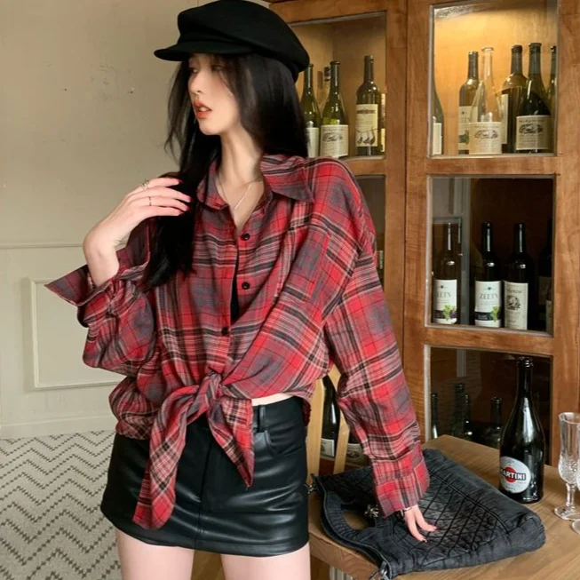 Red Plaid Shirts Women Single Breasted Turn Down Collar Long Sleeve Tops Sun-proof Autumn Streetwear Fashion Casual Korean Style