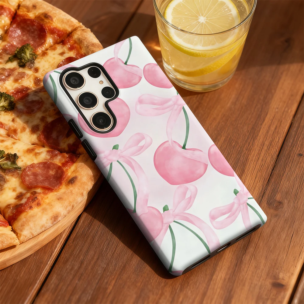 

Luxury Bow-Tied Cherries Phone Case for Samsung Galaxy S20 FE S22 S24 S25 Plus Ultra 4G 5G Luxury Double-layer Back Cover Funda