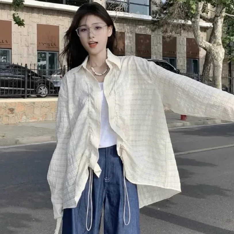 

Women's Oversized Drawstring Textured Shirt, Long Sleeve Loose Blouse, Casual Lightweight Outerwear for Spring & Summer