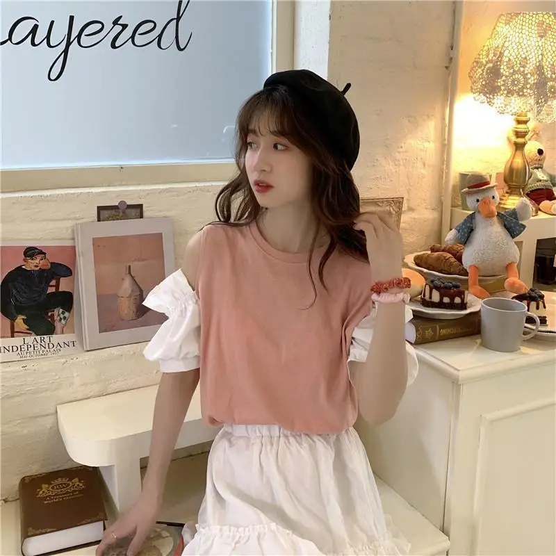 Summer New Hollow Out Off Shoulder Loose T Shirts Short Sleeve Solid All-match Trend Tops Tees Casual Fashion Women Clothing