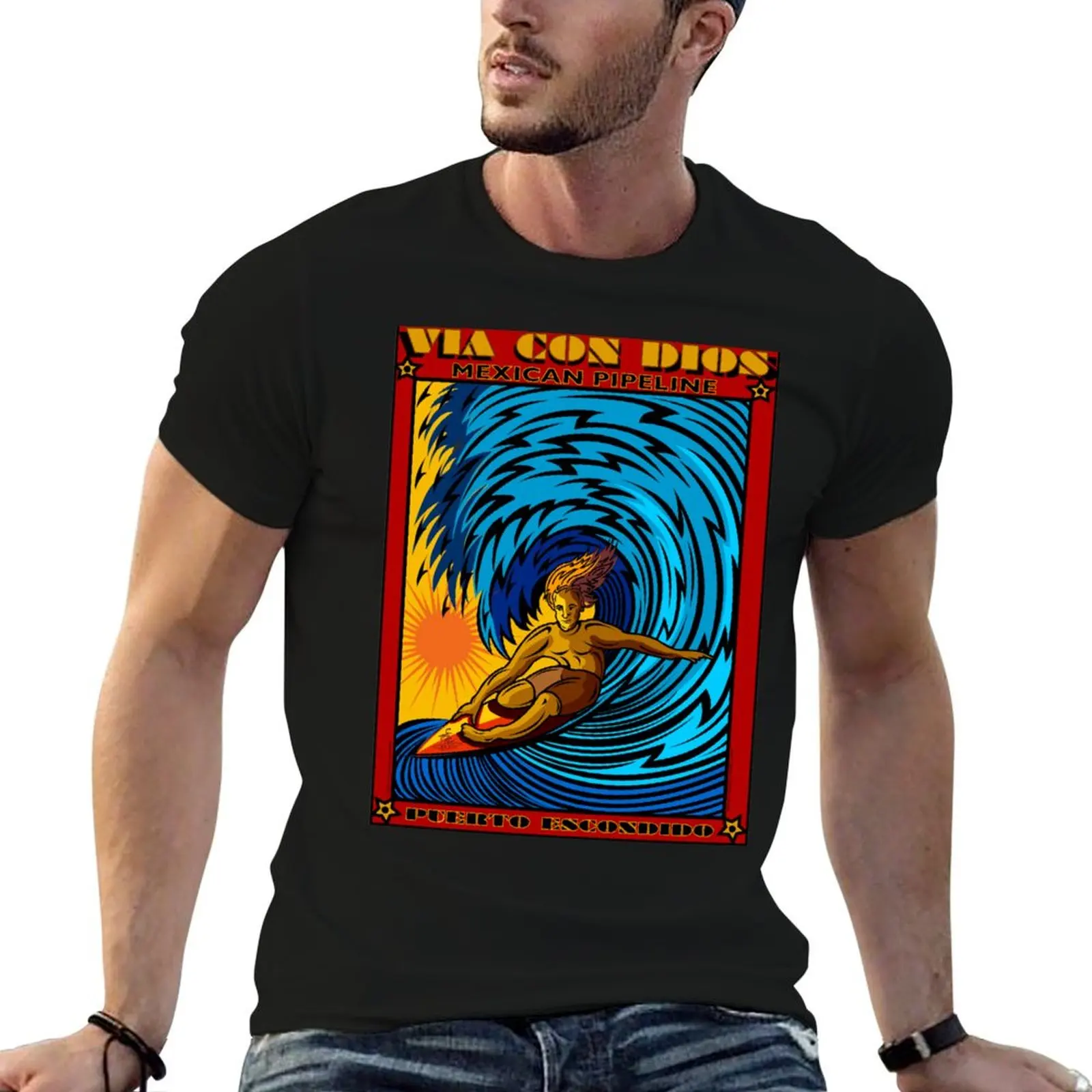 SURFING MEXICAN PIPELINE PUERTO ESCONDIDO MEXICO T-Shirt Art Pattern Printed Casual Top